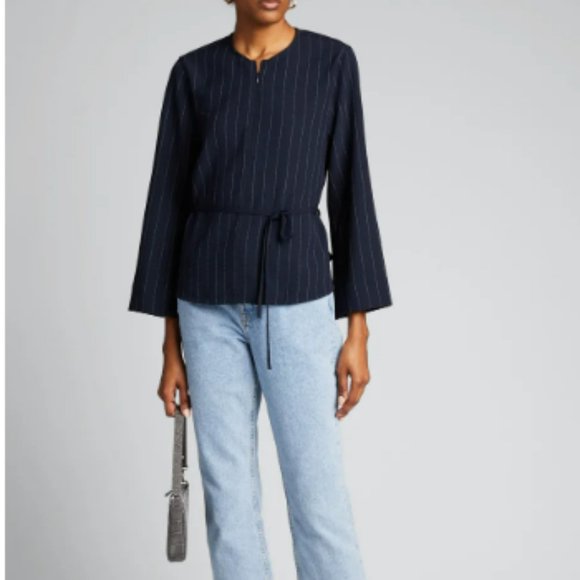 Ganni Tops - Ganni Womens Heavy Crepe Zip-Front Striped Blouse   US Size 8/10 Navy Blue